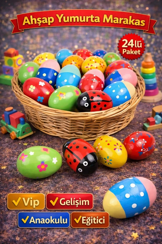 AHŞAP YUMURTA MARAKAS / 24LÜ PAKET